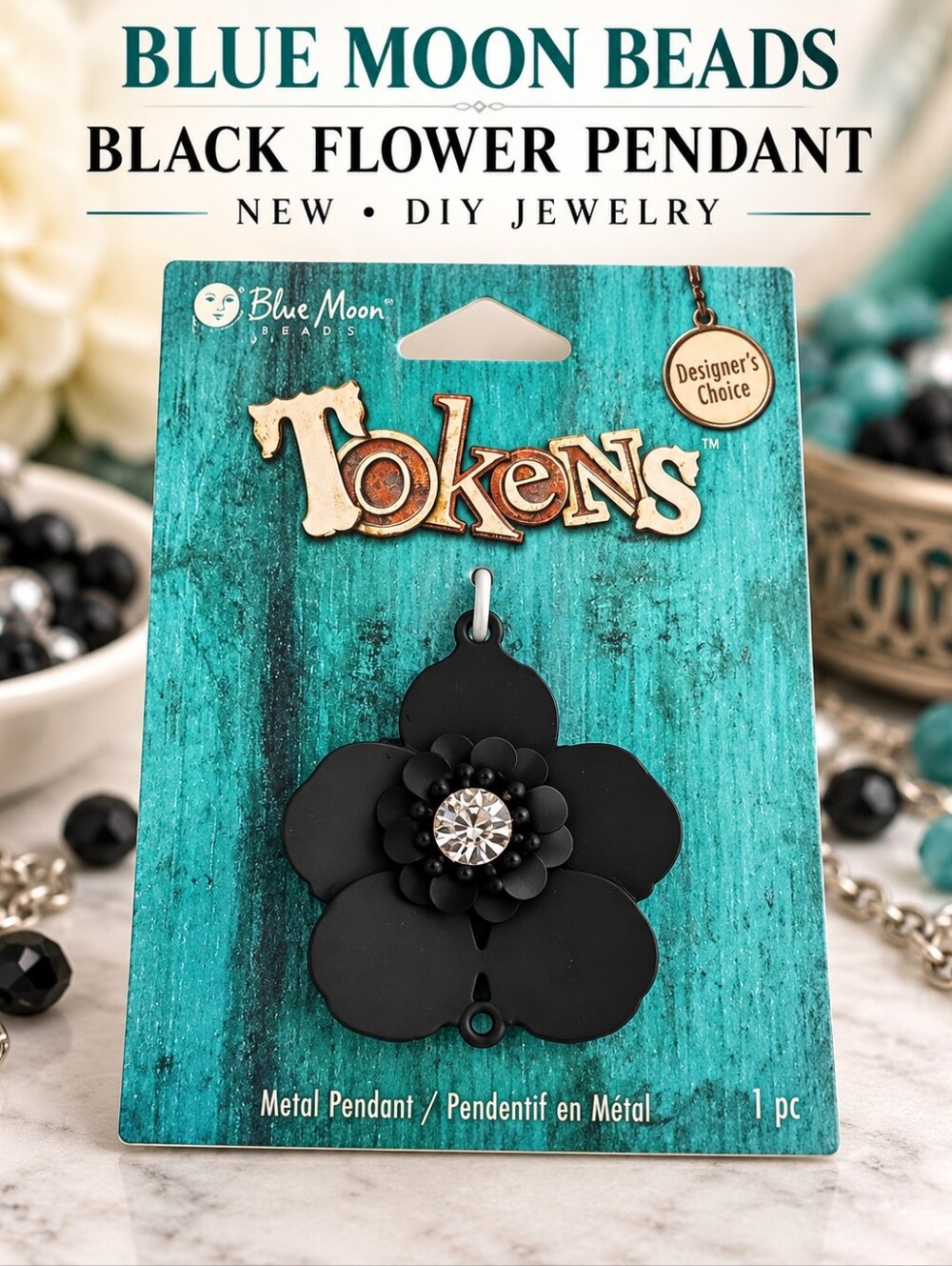NWT Blue Moon Tokens Black Flower Crystal Pendant DIY Jewelry